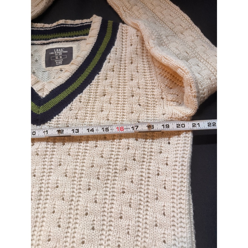 LOGG H&M Mens Wool Blend V-Neck Varsity Stripe Cable Knit Sweater Cream M Preppy - Picture 8 of 12